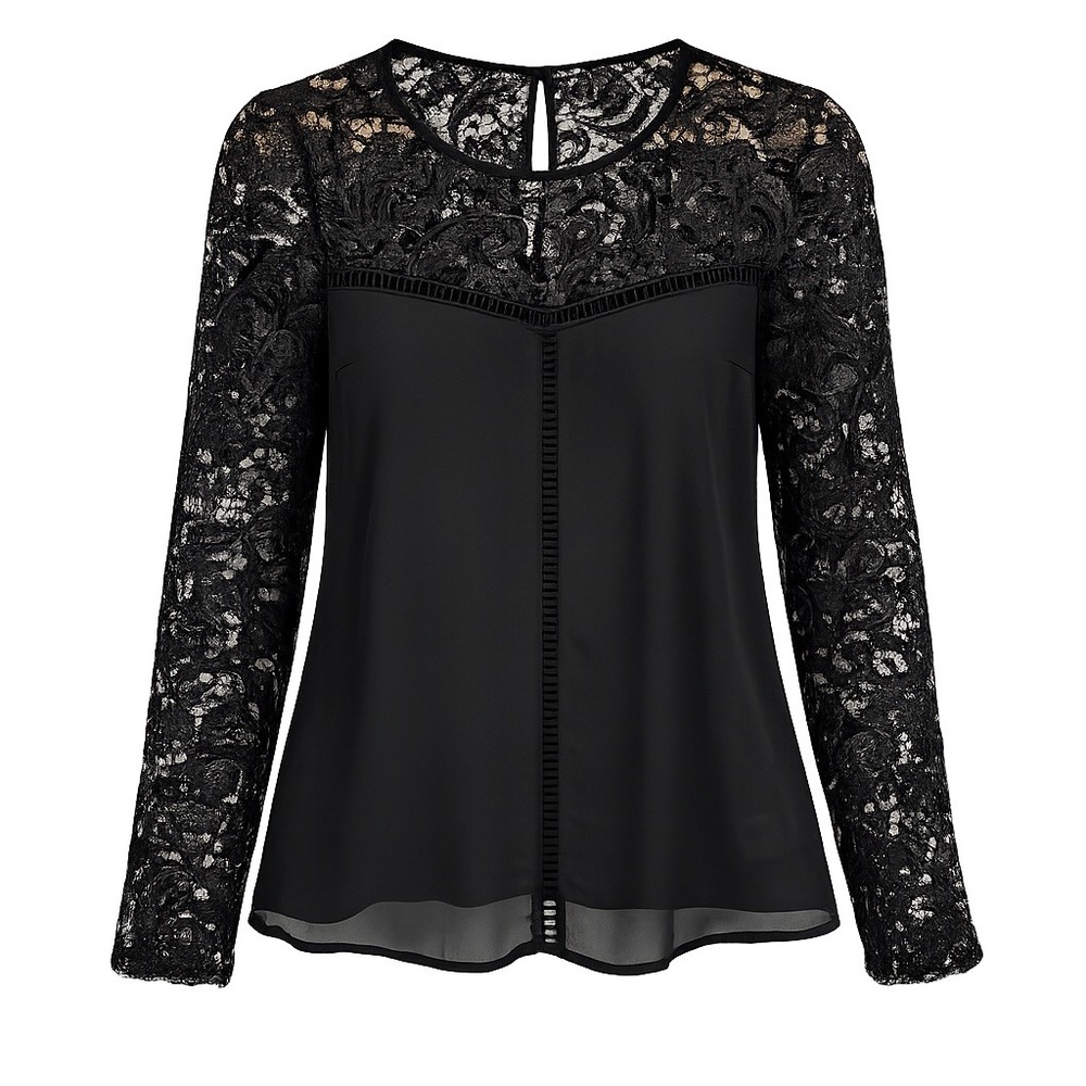Womens Black Lace Long Sleeve Blouse S Round Neck Victorian Gothic Dark Academia